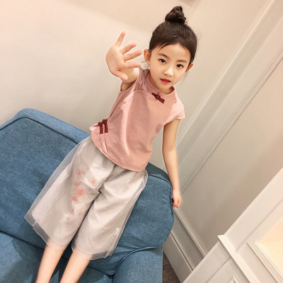 Girls' 2020 Summer New Ethnic Style Cotton and Linen Short Sleeve Suit Children Hanfu Children's Two-Piece Suit Children's Clothing