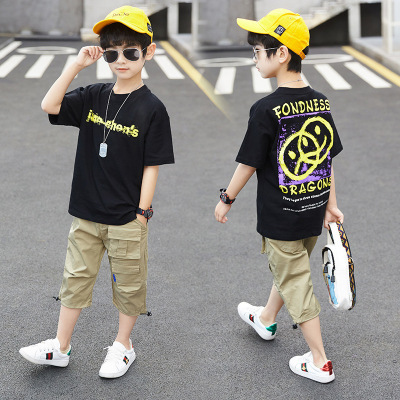 Foreign Trade Korean Style Children's Suit Summer Clothes Children's Smiling Face Graffiti Short Sleeve T-shirt Overalls Two-Piece Set 2021