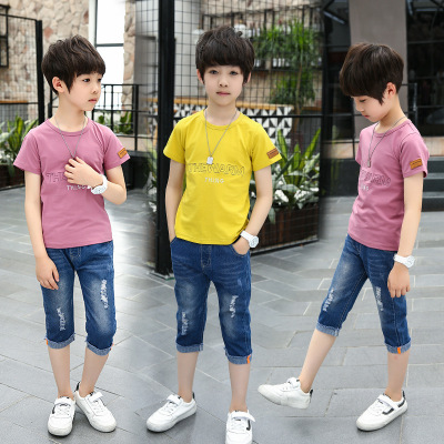 Children's Clothing Boys' Suit 2020 Summer New Korean Style Children and Teens Short Sleeve Letters Denim Two-Piece Suit One Piece Dropshipping