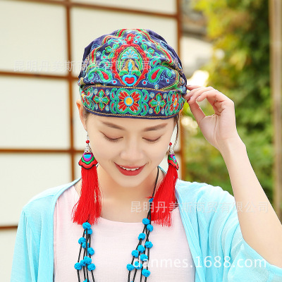 Ethnic Style Embroidered Hat Baotou Vintage Embroidery Headscarf Yunnan Ethnic Hat Lady One Piece Dropshipping Stall