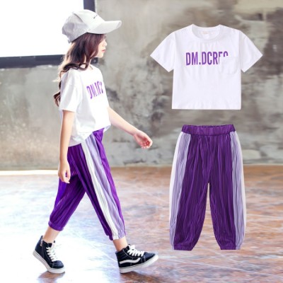 Girls' Short-Sleeved Suit Summer 2019 New Anti Mosquito Pants Letter Cotton T-shirt Striped Two-Piece Set One Piece to Be Delivered