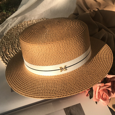 French Romantic Straw Hat Female Flat Top M Letter White Top Hat Female British Sun Protection Seaside Vacation Sun Hat Tide