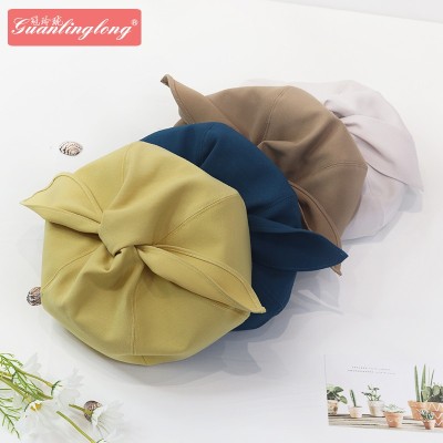 2021 New Summer Solid Color Cute Bowknot Beret Breathable Thin Cotton Hat Retro Sun Hat