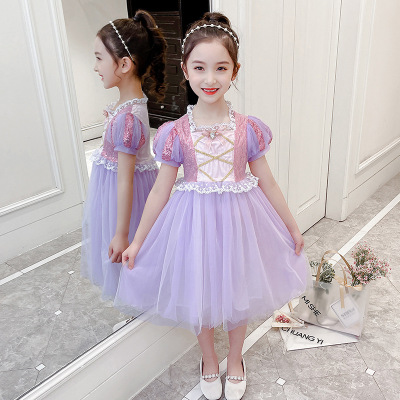 Girls' Dress 2021 Summer Dress New Purple Princess Dress Baby Sequin Formal Dress Pettiskirt Children's Gauze Dress