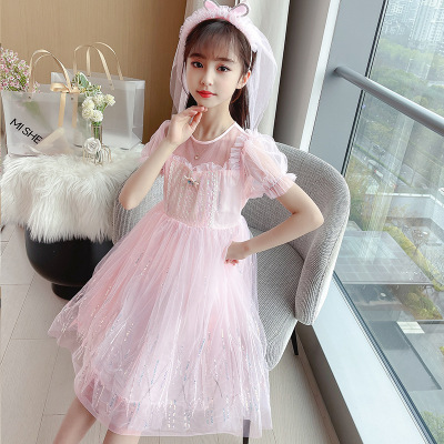 Princess Elsa Dress Girls' Summer Short-Sleeved Aisha Birthday Dress Fashionable Stylish Children's 61 Watch Show Dress