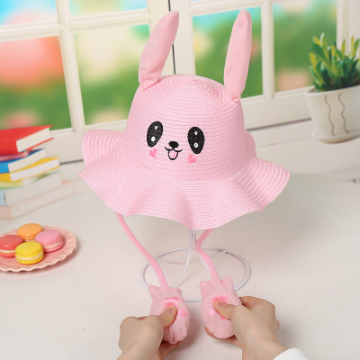 Tiktok Same Hat Toy Moving Ears Straw Hat Children Cute Bucket Hat Fashion Baby Sunshade Airbag Cap