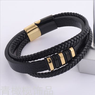 AliExpress Cross-Border E-Commerce Hot-Selling Product Men's Leather Cord Bracelet Stainless Steel Leather Braided Bracelets Genuine Leather Multilayer Jewelry