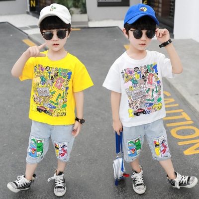 Boys' Short-Sleeved Suit Summer 2021 New Children's Korean Style Western Style Medium and Big Children Denim Two-Piece Suit Baby Summer Clothing