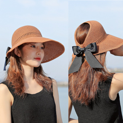 Summer Hat 2021 New Air Top Sun Protection Sun Hat Female Mesh Bow Sun Hat Hollow out Big Brimmed Straw Hat