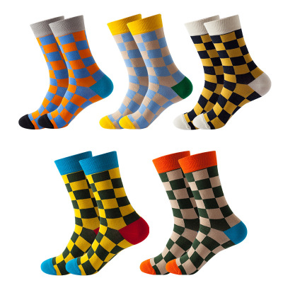 2021 Cross-Border Spring and Autumn Pure Cotton Socks Children Amazon European and American Ins Plaid Adult Trendy Socks in Stock Wholesale