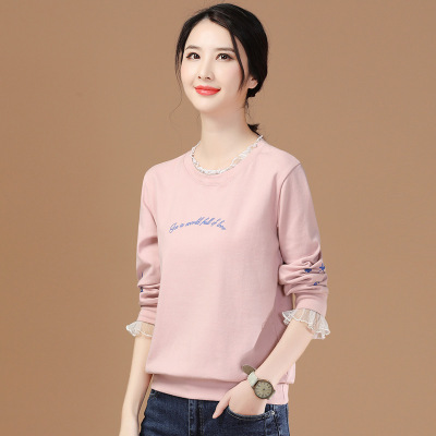 Fake Two-Piece Lace Collar Long Sleeve Pullover Hoodie Women's 2021spring New Solid Color Printing T-shirt Top D9477