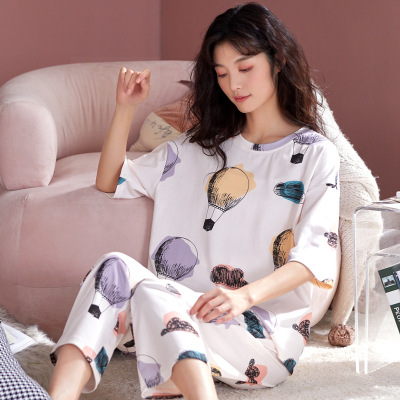 Peyan Pajamas Women's Summer Short-Sleeved Cropped Pants Cotton Korean Style Cartoon Outdoor Home Wear Two-Piece Suit