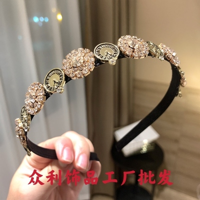 Baroque Retro High-Grade Clock Rhinestone Hairpin Headband Korean Internet Celebrity Light Luxury Headband Female 2021 New