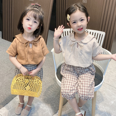 Children's Cotton and Linen Suit Summer New Korean Style Internet Celebrity Girls Lapel Pullover Children's Plaid Pants
