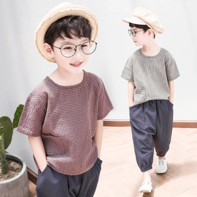 Children's Suit Summer 2018 New Child and Teen Boys Korean Style Casual Plaid Lightweight Breathable Short Sleeve Cotton and Linen Two-Piece Suit