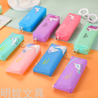 Large Capacity Simple Silicone Candy Color Student Pencil Case Unicorn Cartoon Stationery Bag