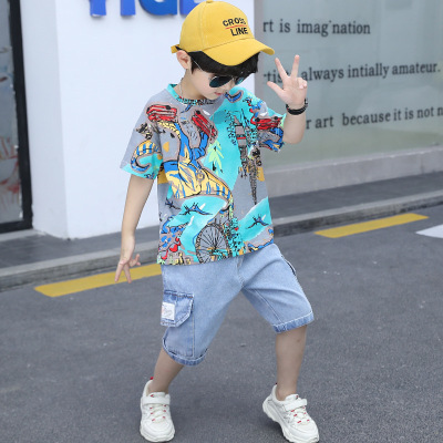 Children's Clothing Boys Summer Suit 2021 New Short Sleeve Trending Cover Summer Western Style Medium and Big Children Boy Two-Piece Suit Fashion