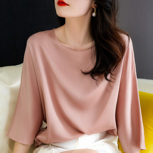 large size top summer women‘s fashionable artificial silk cropped short sleeves women‘s loose round neck pure color all-matching chiffon