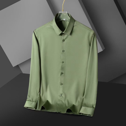 Shirt New Silk Solid Color Stretch Non-Ironing Shirt Anti-Wrinkle Breathable Casual Slim Fit Business Men Work Clothes Shirt