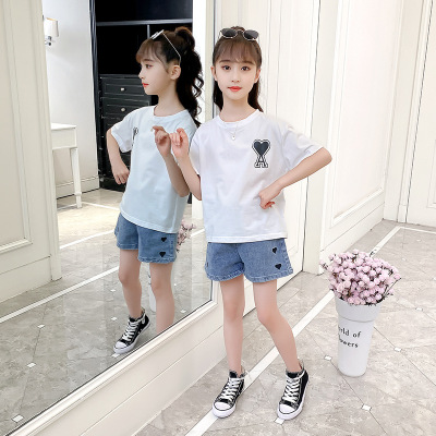 Girls' Summer Internet Celebrity Denim Shorts Suit 2021 New Fashionable Korean Style Medium and Large Children's Short Sleeve Two-Piece Suit Fashion