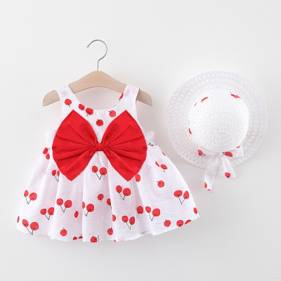 Zc2021 Children's Clothing Solid Color Cherry Bow Girls' Dress with Hat Children Shirt Wholesale Z1c523