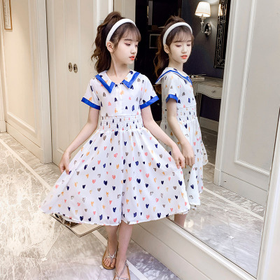 Girls' Summer Short Sleeve Dress 2021 New Korean Style Love Floral Skirt Children's Preppy Style Mid-Length Princess Dress