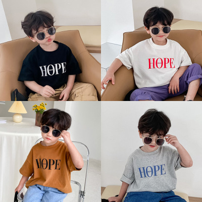 Children's Cotton Letter T-shirt Baby Trendy Clothing American Printed Short-Sleeved Top Boys and Girls round Neck Pullover Bottoming Shirt