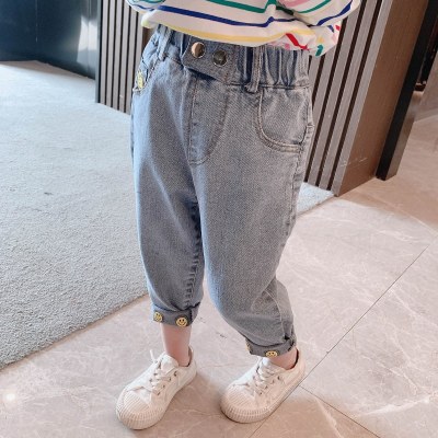 2021 Spring New Child Girl Foot Mouth Printed Smiley Jeans Babies' Trousers Children's Clothing Wholesale One Piece Dropshipping