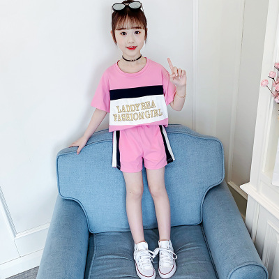 Girls' Loose Sports Suit Summer 2021 New Medium and Large Children Fashionable Short Sleeve Letters Two-Piece Casual Wear Fashion