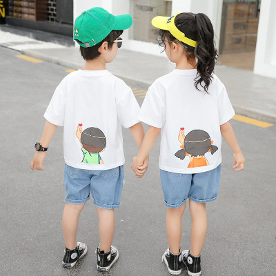 Children's Sister-Brother Clothes Summer Short-Sleeved Suit 2021 New Cartoon T-shirt Casual Jeans Two-Piece Suit