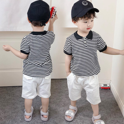 Boys Summer Suit 2021summer New Kid Baby Polo Collar Stripes Short Sleeve + Shorts Two-Piece Suit Fashion