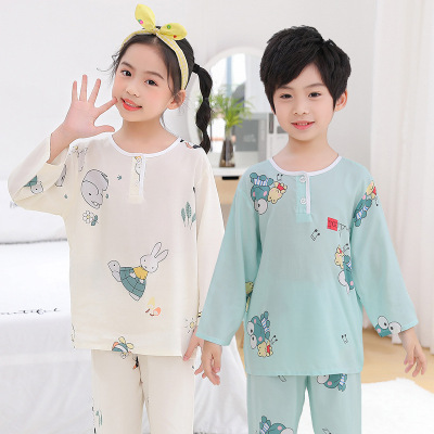 Children's Poplin Pajamas Baby Suit Children and Teens' Loungewear Boys and Girls Cotton Silk Long-Sleeved Trousers Air Conditioning Clothes Wholesale