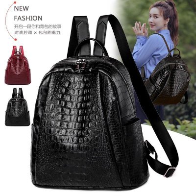 Women's Foreign Trade Bags New European and American Soft Leather Backpack Fashionable All-Match Crocodile Pattern Large Capacity Women's Backpack Travel Bag