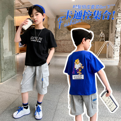Boys Summer Suit 2021 New Children's Handsome Two-Piece Suit Middle and Big Children Children's Summer Clothing Boys Summer Trendy Clothing