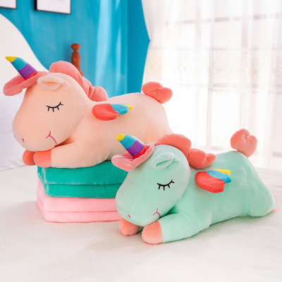 Factory Direct Sales Software Rainbow Unicorn Airable Cover Corner Connector Doll Plush Toys Air Conditioning Blanket Customizable Logo