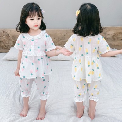 Girls' Lace Pajamas Summer 2020 New Baby Girls' Children Cotton Short Sleeve Homewear Set Thin Air Conditioning Room Clothes Fashion