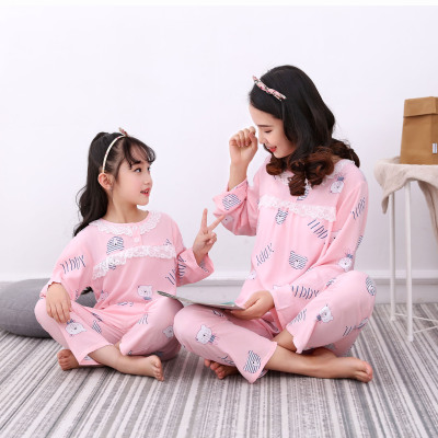 One Piece to Be Sent Spring and Autumn Parent-Child Poplin Pajamas Suit Air Conditioning Clothes Summer Home Season Anti-Mosquito Wear Cotton Silk Home Clothing