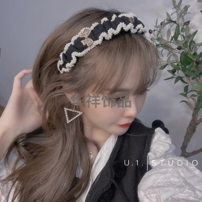 Dongdaemun Vintage Rhinestone Bow Japonica Rice Bead Chain Pleated Hairpin Outdoor All-Matching Headband Online Influencer Headdress