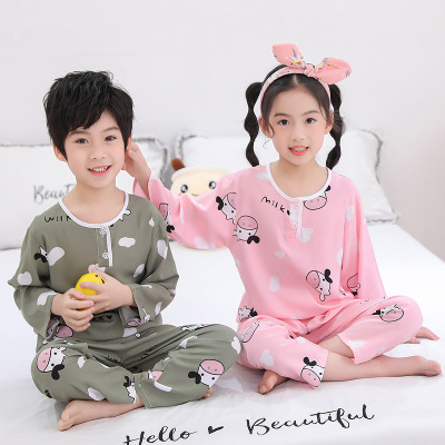 2021 New Cotton Silk Long-Sleeved Pajamas Cotton Silk Baby Children's Loungewear Suit Summer Thin Air Conditioning Room Clothes Wholesale