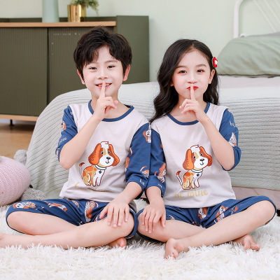 Children's Pajamas Girls' Summer Solid Color Thin Underwear Boys' Cotton 3/4 Sleeve Air Conditioning Clothes Suit Baby Homewear