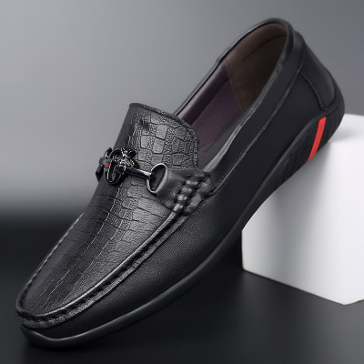 Summer New Genuine Leather Men's Shoes Soft Surface Peas Shoes Men's Slip-on Driving Black Shoes Breathable Non-Slip Fashion Shoes