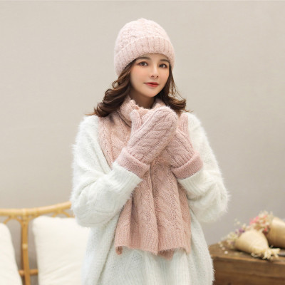 Korean Style Winter Fleece-Lined Knitting Three-Piece Set Women's Cute Student Plush Wool Scarf Hat Gloves Integrated Couple