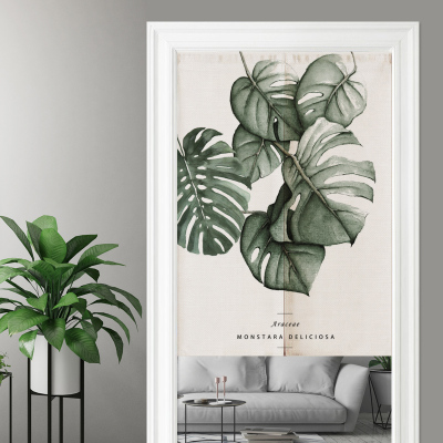 Nordic Greenery Monstera Deliciosa Household Decorative Partition Curtain Bedroom Half Curtain Kitchen Oil-Proof Smoke Imitation Cotton Linen Fabric Door Curtain