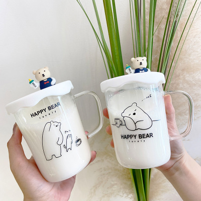 Korean Cute Scale Glass Cup Silicone Bear Transparent Borosilicate with Cover Water Cup Business Office Milk Cup