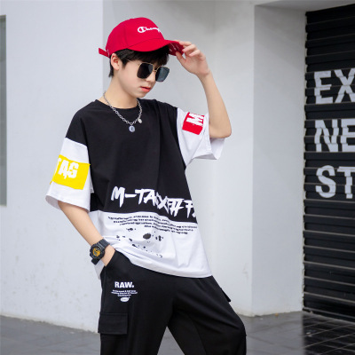 Men's Children Teens Tops Patchwork Short-Sleeved T-shirt 2021 Summer New Korean Style Fashion Brand Western Style Fashion Casual