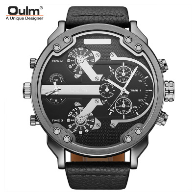 Oulm European and American Foreign Trade Men's Quartz Watch Double Time Zone Large Dial Belt Casual Men's Watch Cross-Border Hot