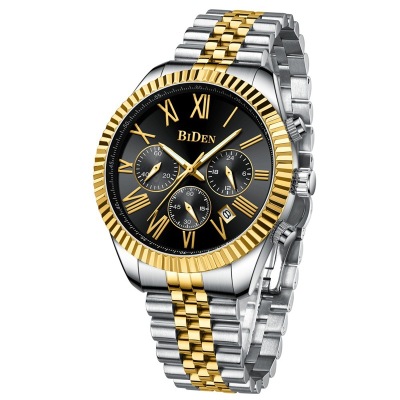 Biden Men's Watch Multi-Functional Small Three-Eye Timing Code Fashion Business Watch Solid Steel Belt 0315