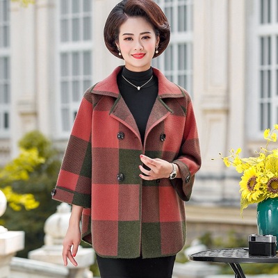 Middle-Aged and Elderly Women's Clothing Spring and Autumn Lattice Coat Korean Style Wide Lady Mom Wear New Knitted Double Sided Cotton Woolen Cardigan