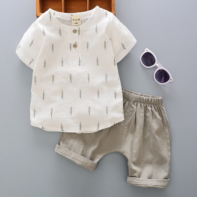 Summer 2019 New Korean Children's Clothing Boys' Cotton and Linen Short Sleeve Shirt Outfit Baby and Infant Children's Summer Two-Piece Suit