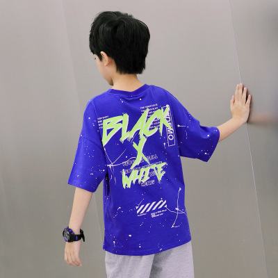 Boy's Short-Sleeved T-shirt 2021 New Fashionable Summer Clothing Children's Fashion Brand Personalized Hand-Painted round Neck Medium and Large Children's Clothing Half-Sleeved T-shirt